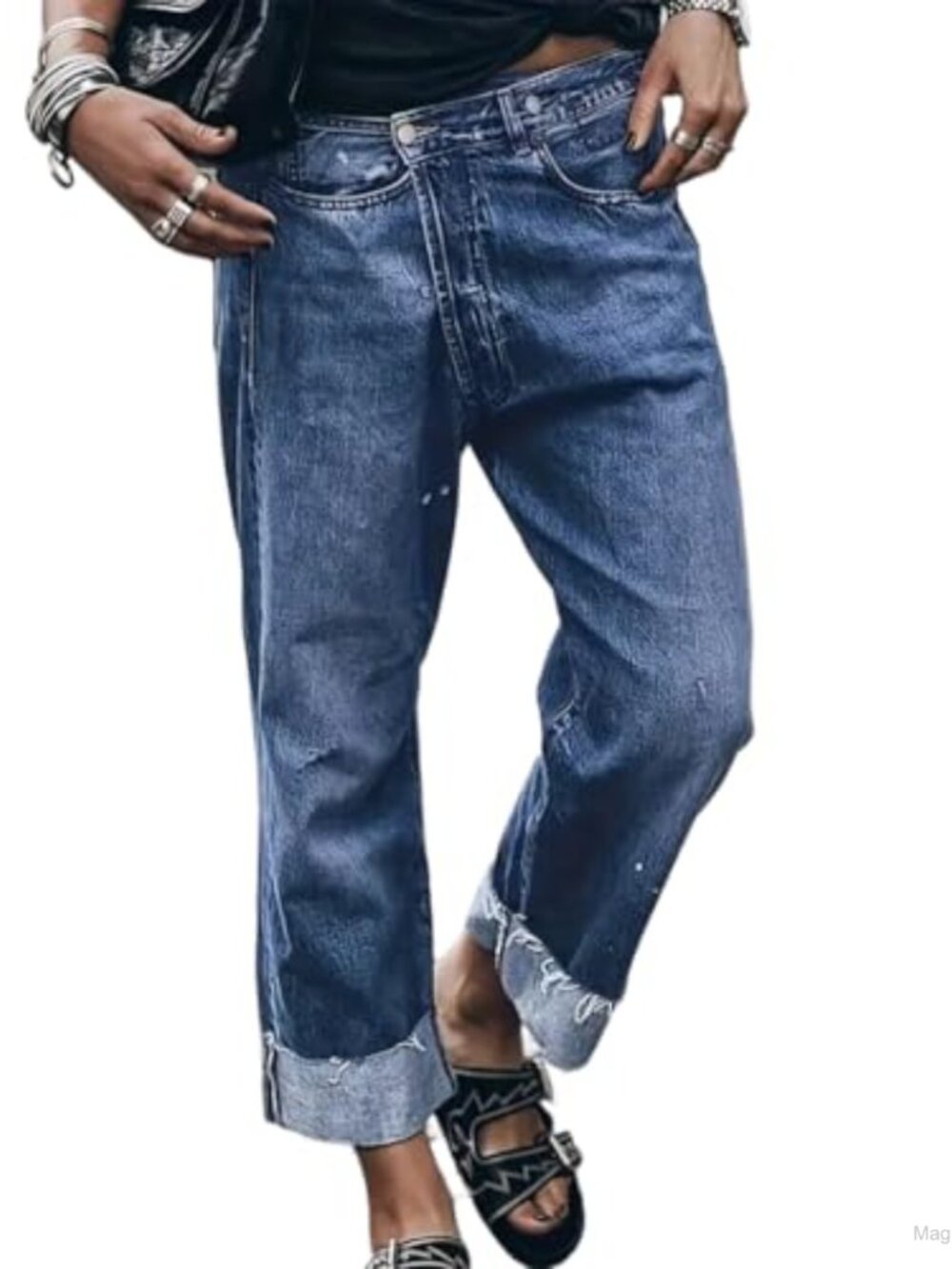 Straight Leg Jeans Relaxed Fit Rolled Cuff Ankle Length Boyfriend Denim